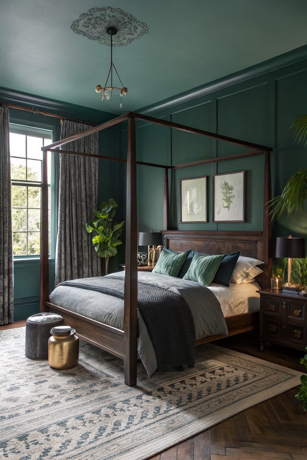 Bedroom interior with deep teal green paneled walls and ceiling, dark wood four-poster bed, potted plants, brass lamps, and patterned rug on herringbone floors