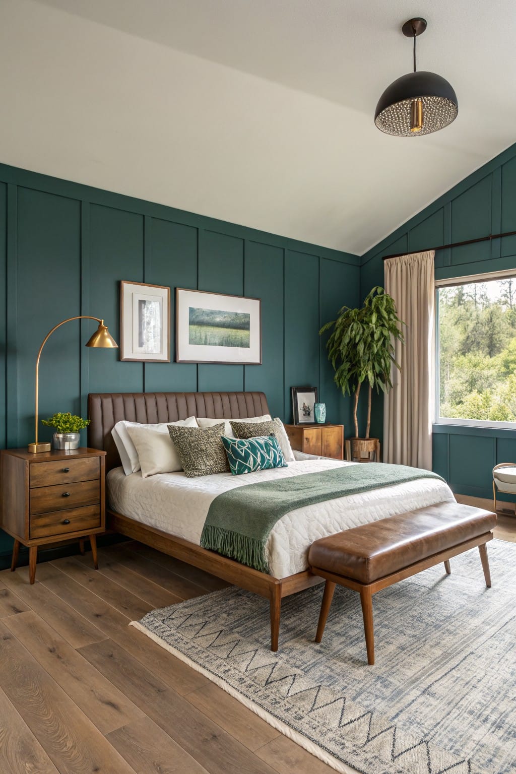 Cozy bedroom with deep teal green plank walls, tan leather bed, wood nightstands, and large window overlooking trees