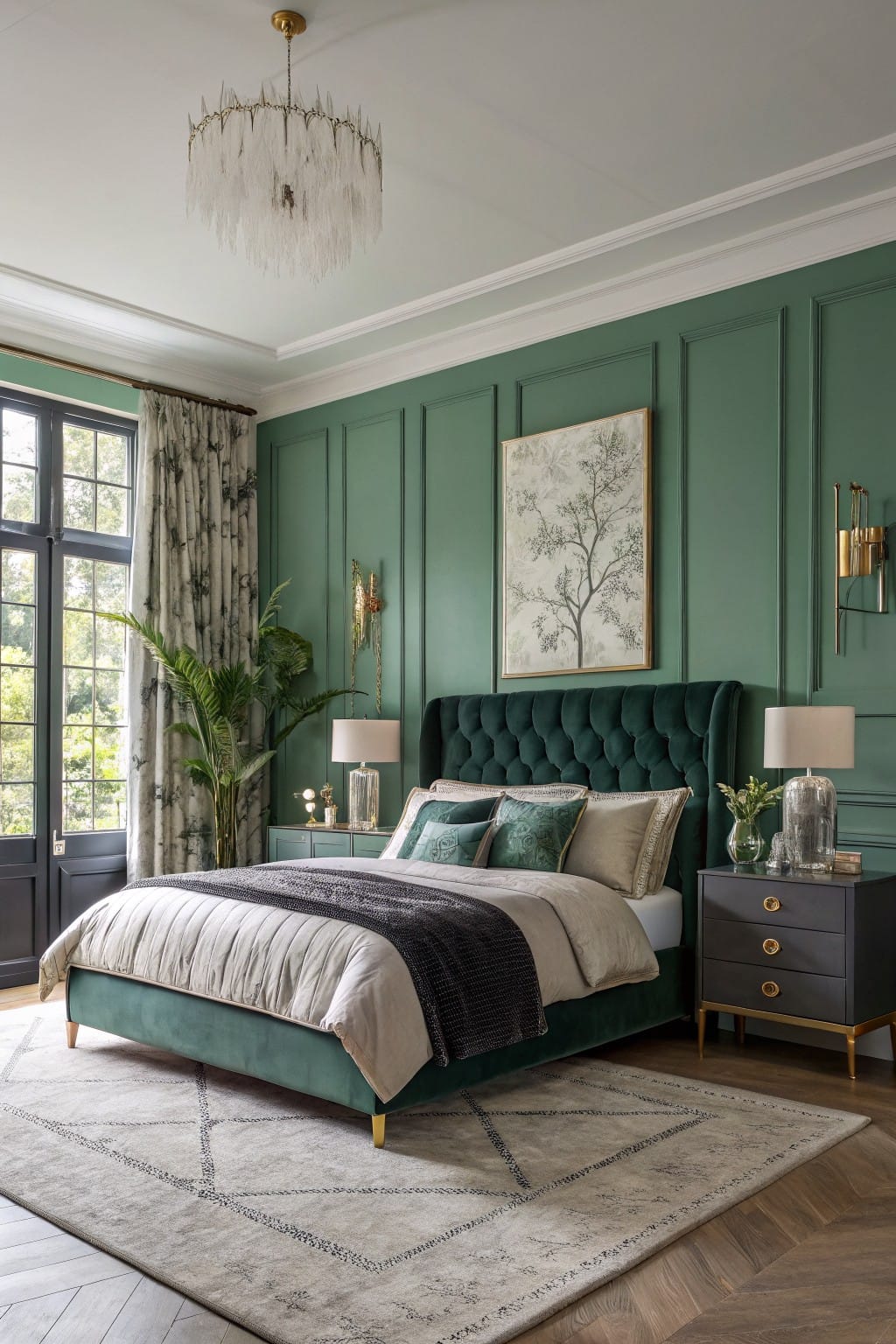 Bedroom featuring deep emerald green paneled walls, tufted green velvet bed, gold accents, and large windows