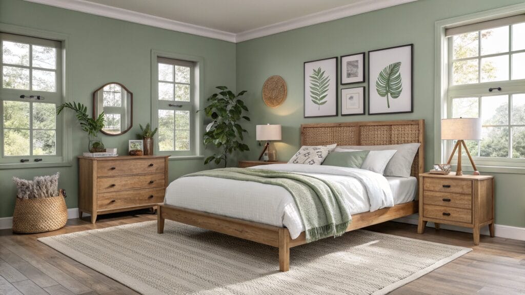 Bedroom with soft sage green board-and-batten walls, rattan bed frame, wood nightstands, and neutral textiles for a relaxed nature vibe