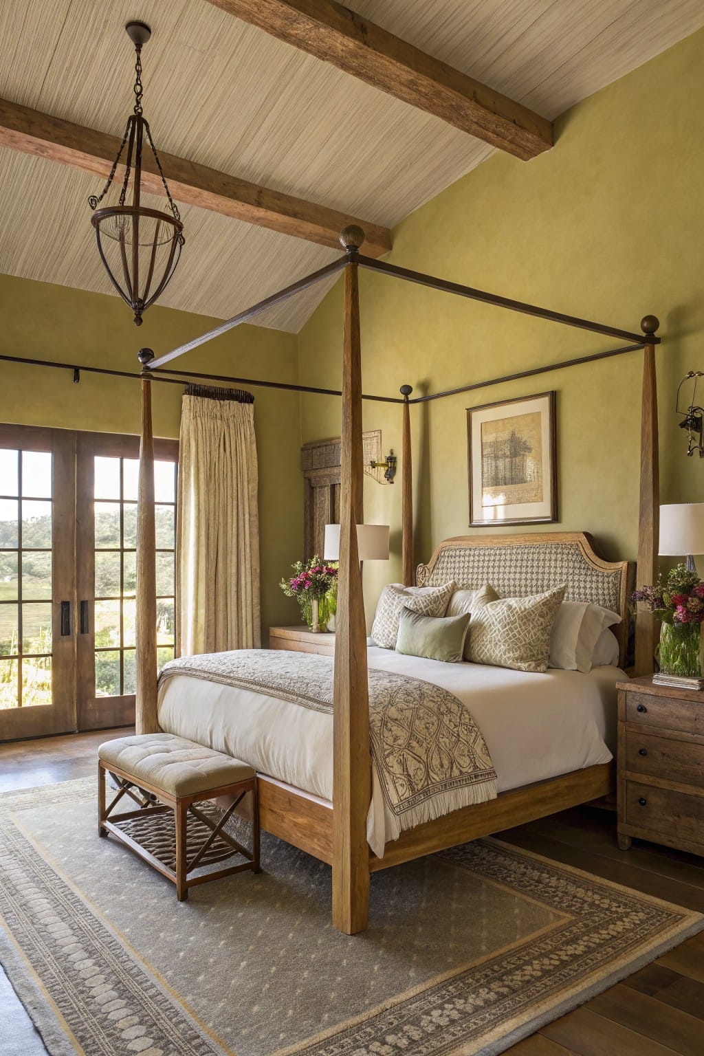 Spacious bedroom featuring a four-poster bed, wooden furniture, and warm green walls.