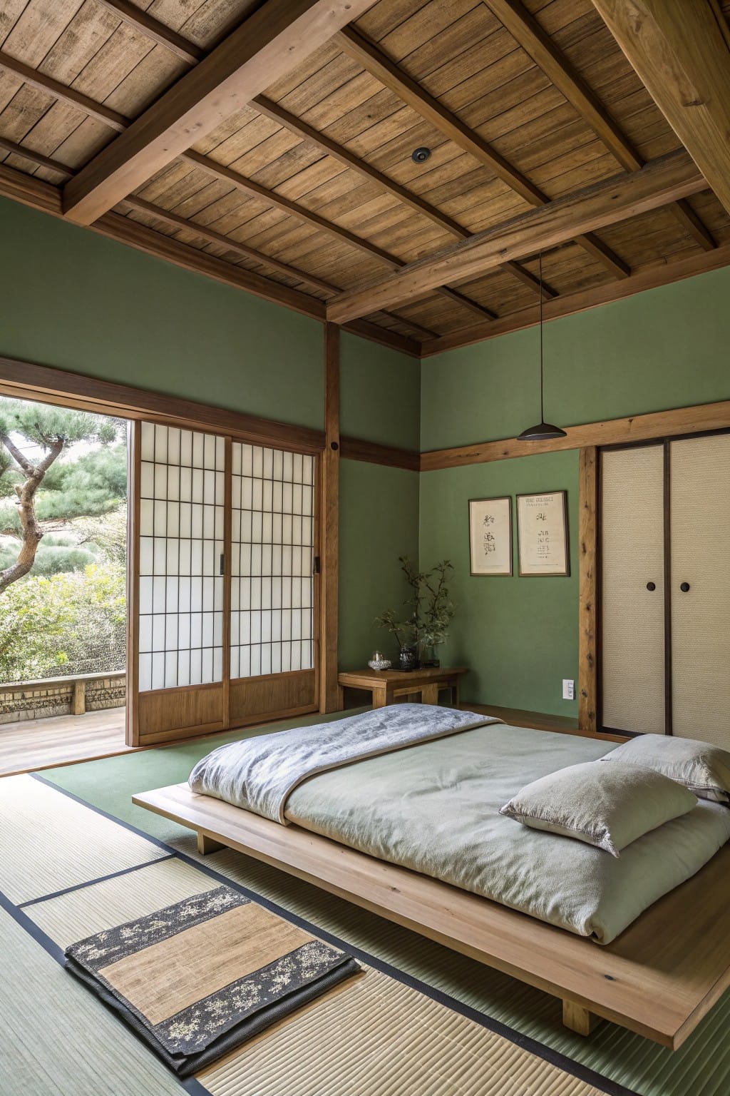 Bedroom with muted sage green walls, exposed wooden beams, low platform bed on tatami mats, and shoji screens opening to a garden view
