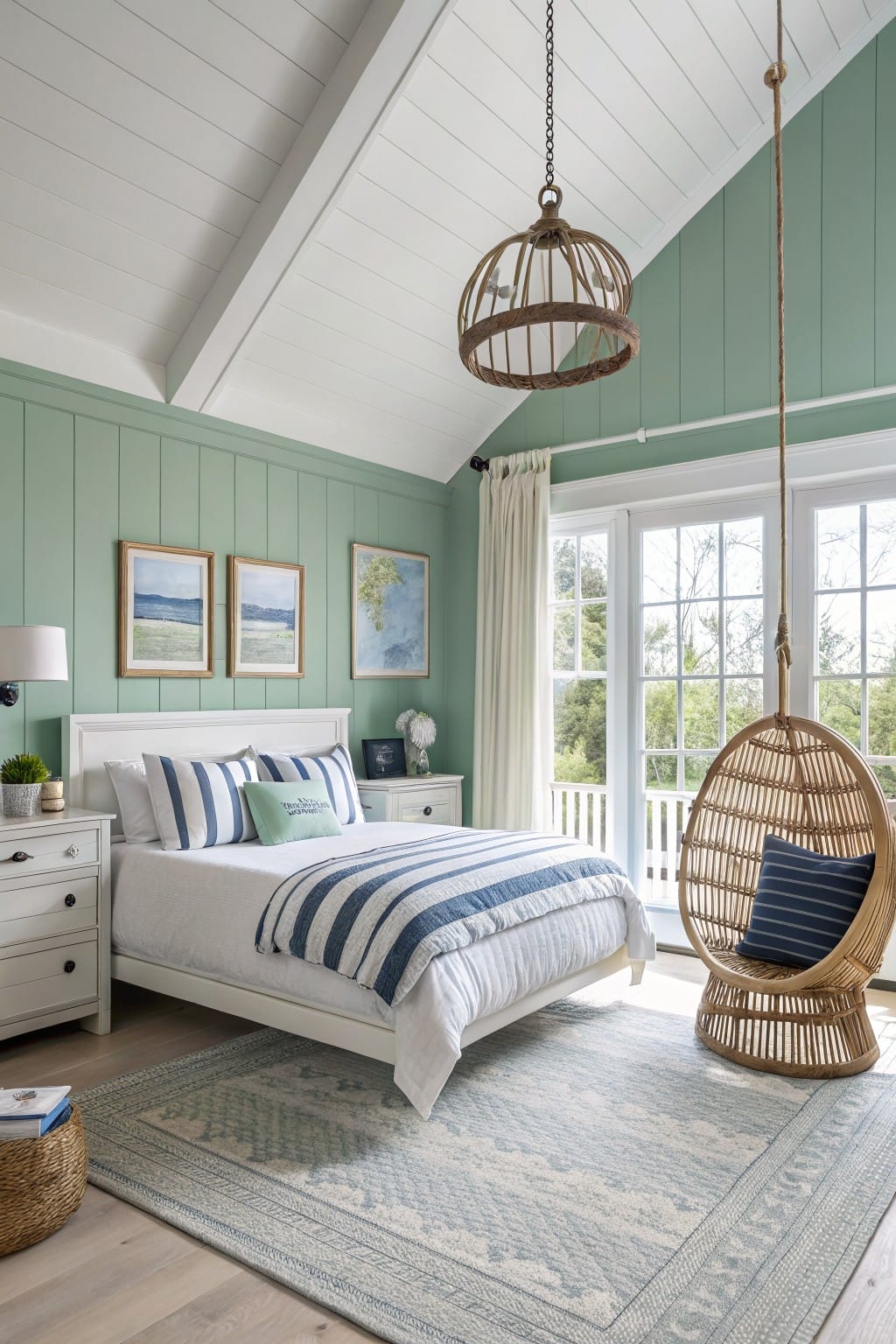 Bedroom featuring pale mint green shiplap walls, white bed with blue striped bedding, wicker hanging chair, and coastal artwork near French doors