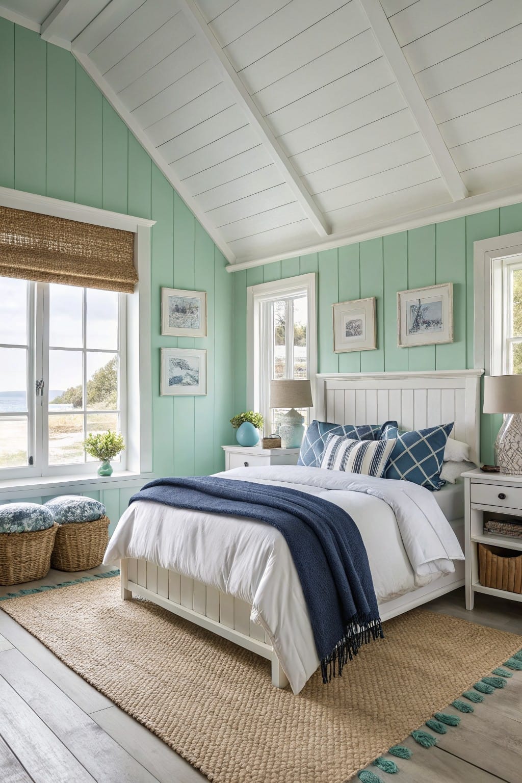 Bedroom with pale mint green shiplap walls, white bed frame, blue textiles, and coastal views through windows