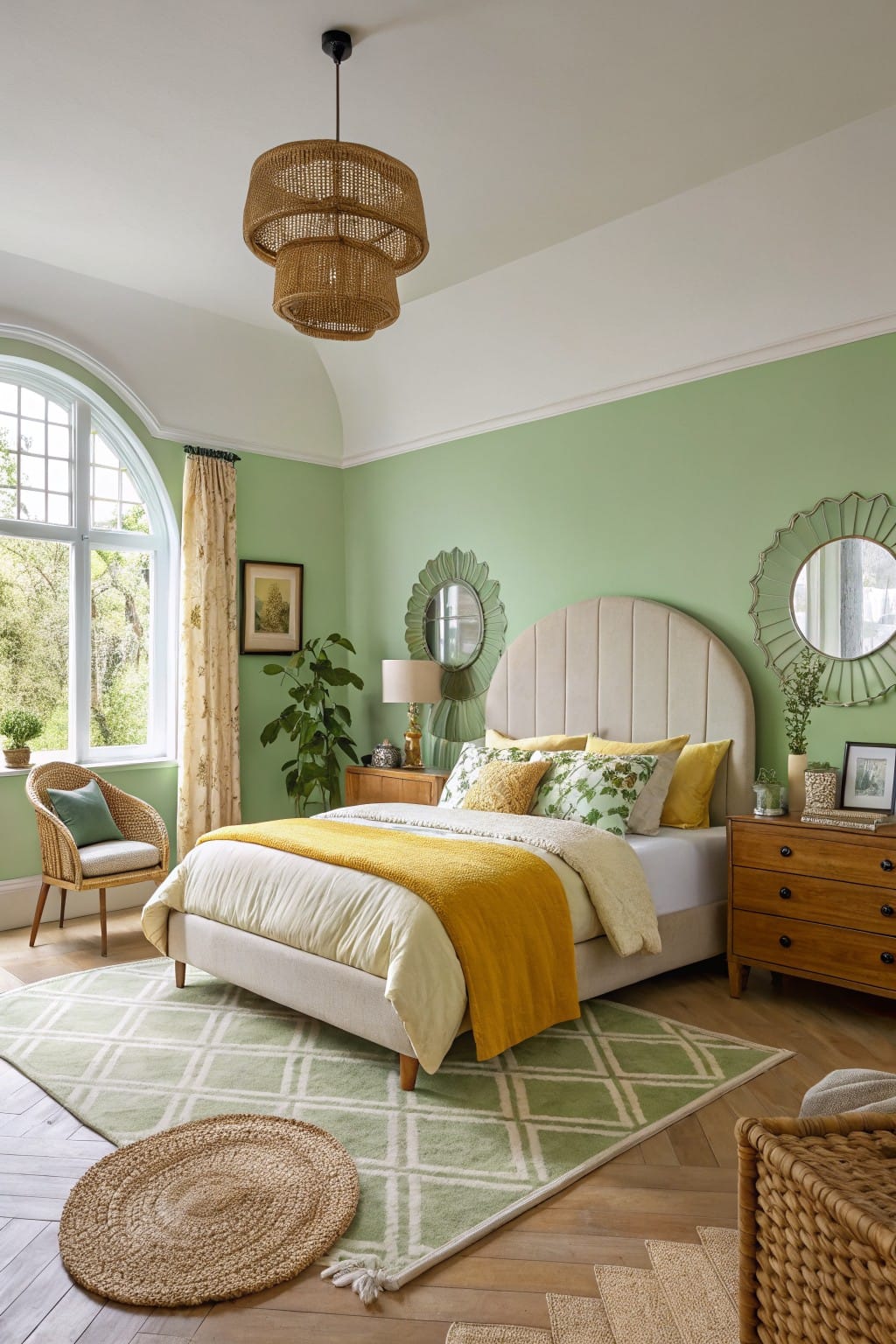 Bedroom with pale sage green walls, cream tufted headboard, yellow throw blanket, wooden dresser, rattan chair, and arched window