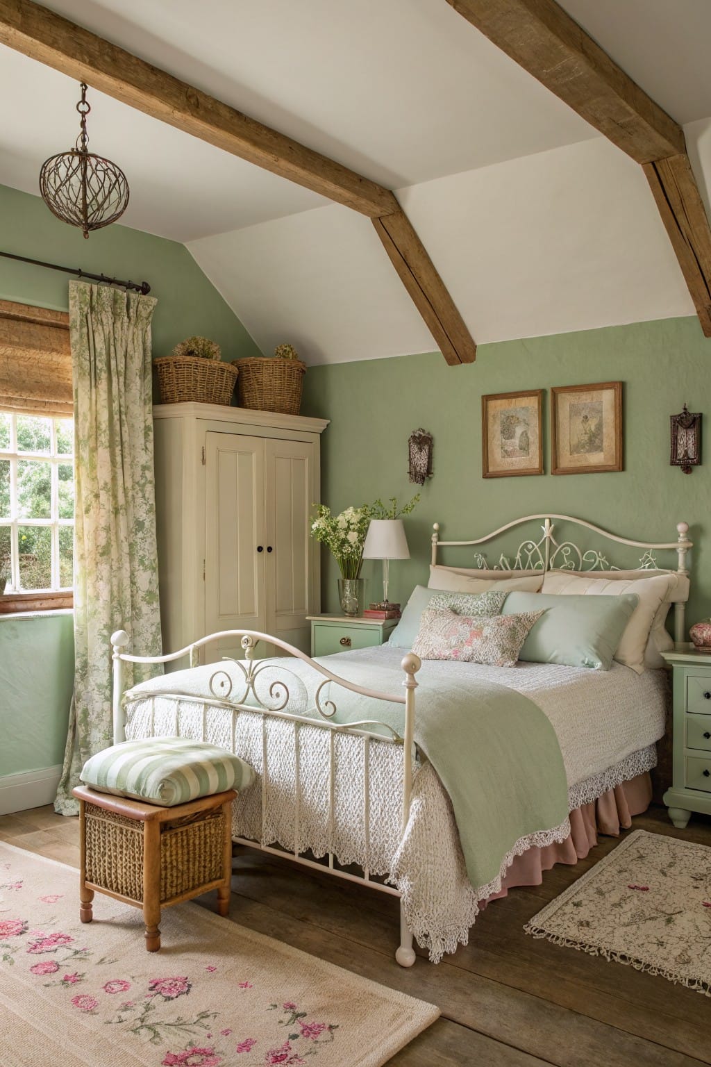 Bedroom featuring pale sage green walls, white iron bed with floral bedding, wooden beams, and wicker baskets