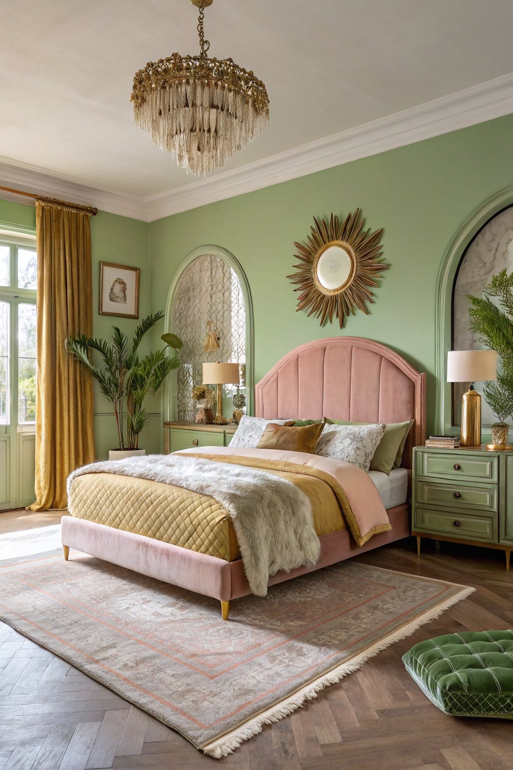 Bedroom featuring pale sage green walls with a pink velvet bed, gold mirror, and potted plants for a nature-inspired look
