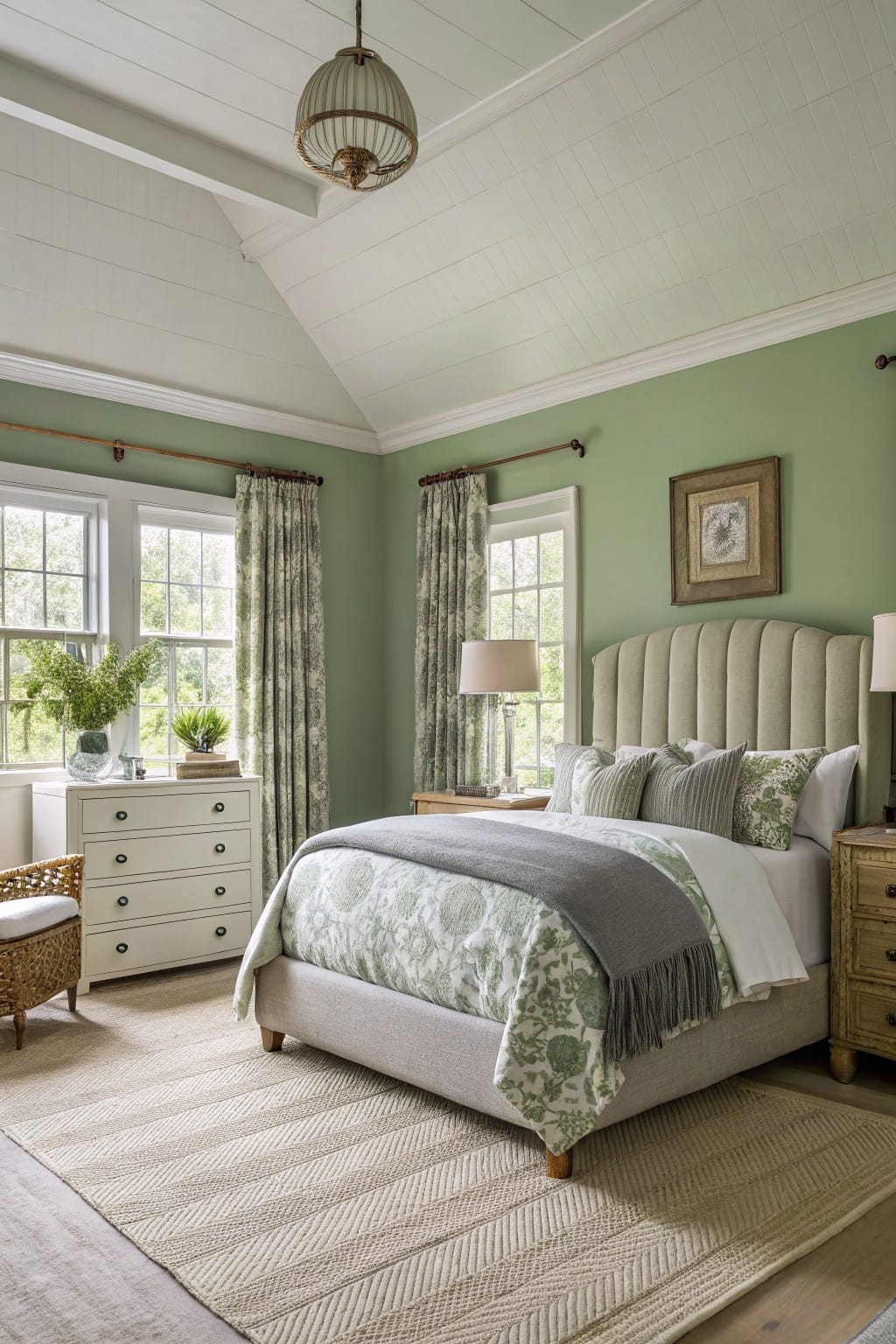 Pale sage green walls in a bedroom with tufted cream headboard, wood nightstands, and green floral curtains