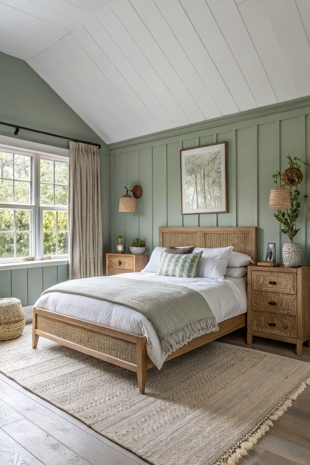 Bedroom with soft sage green board-and-batten walls, rattan bed frame, wood nightstands, and neutral textiles for a relaxed nature vibe