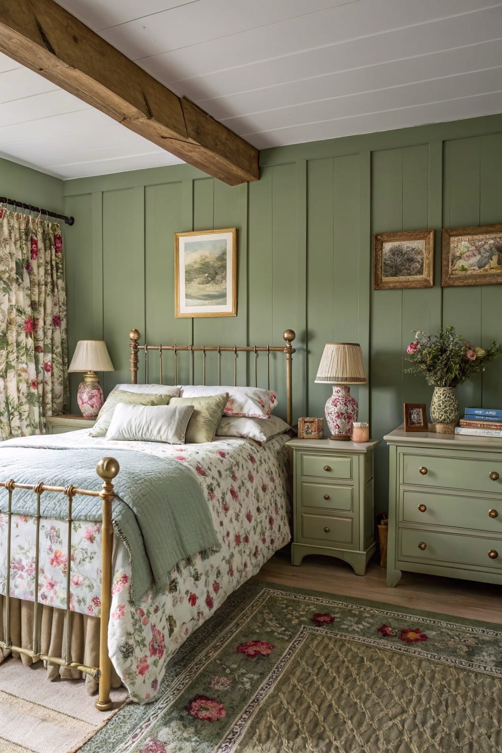 Cozy bedroom featuring soft sage green paneled walls, brass bed with floral linens, matching green dressers, and wooden ceiling beams