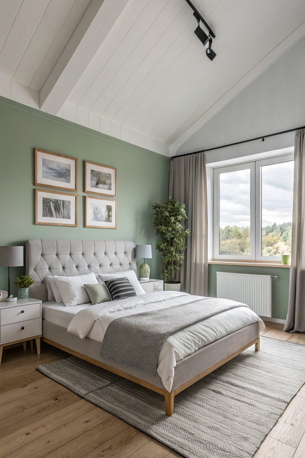Bedroom interior with soft sage green accent wall behind tufted gray upholstered bed, neutral bedding, potted plants, large window overlooking trees, and light wood floors
