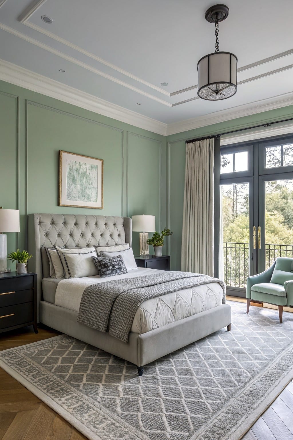 Bedroom interior with soft sage green paneled walls, gray tufted bed, neutral linens, and large doors opening to wooded view
