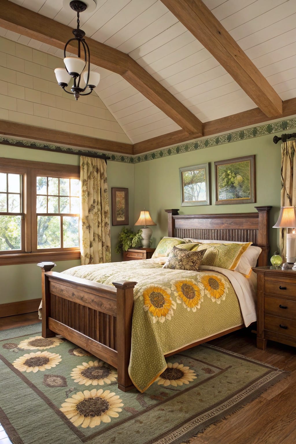 Cozy bedroom featuring soft sage green walls with wooden beams, oak bed frame, and sunflower-patterned quilt and rug