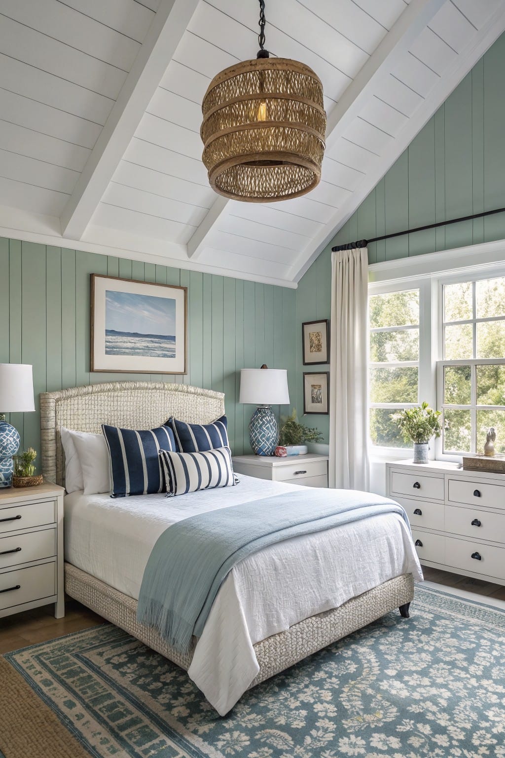 Bedroom featuring soft seafoam green paneled walls with white trim and rattan bed headboard