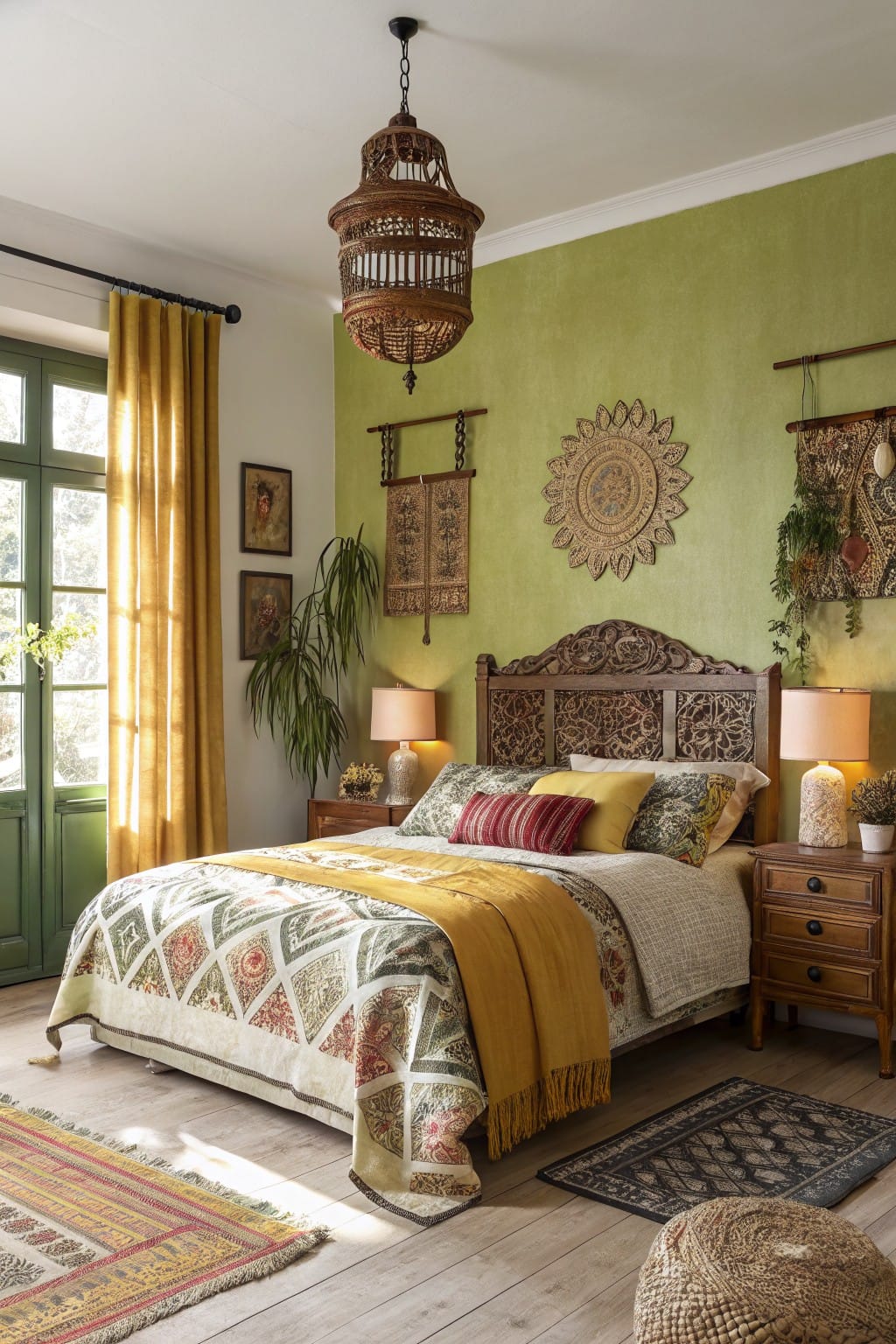 Bedroom featuring warm sage green walls accented by wooden headboard, yellow bedding, woven decor, and potted plants
