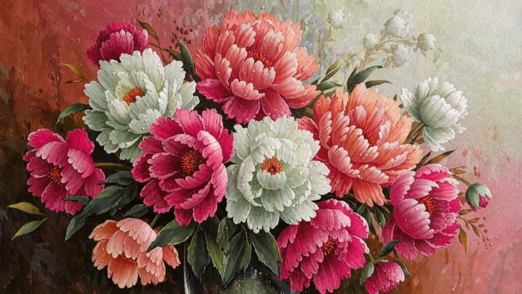 18 Relaxing Flower Acrylic Painting Ideas For Calm Creative Afternoons A detailed painting of clustered pink, red, and white peonies with green leaves on a dark background.
