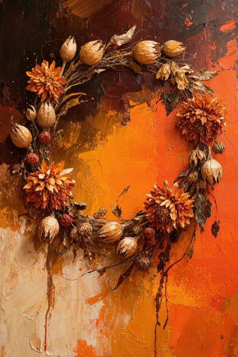 A circular wreath of dried beige and orange protea flowers and red dahlias hangs against a textured abstract background in oranges, beiges, and dark browns.