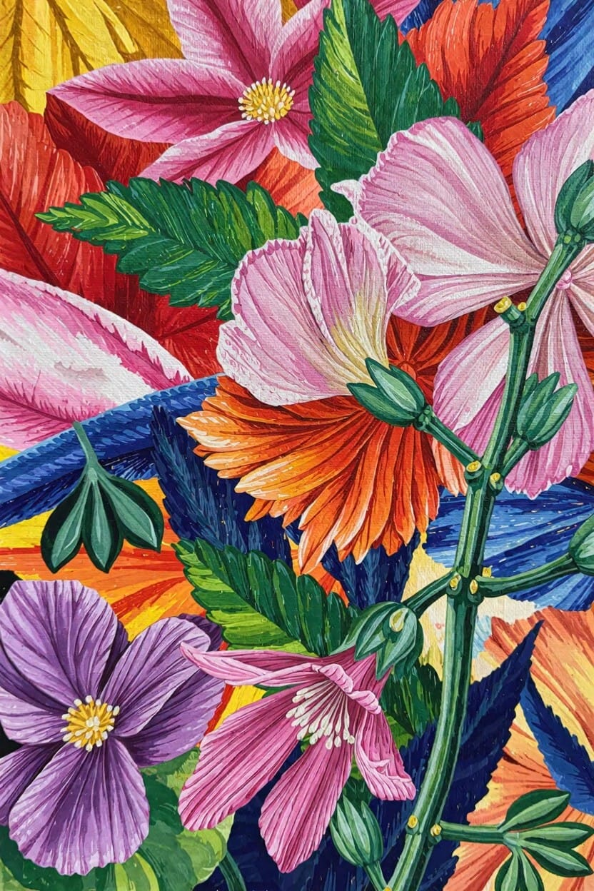 Colorful close-up painting of overlapping hibiscus-like flowers in pinks, purples, oranges, yellows, and greens with detailed petals and leaves.
