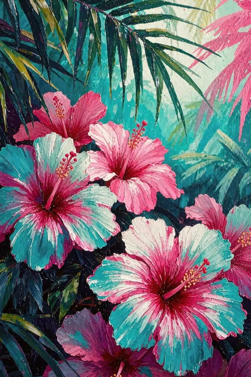 Colorful hibiscus flowers in teal, pink, and white tones amid green palm leaves on a teal background.