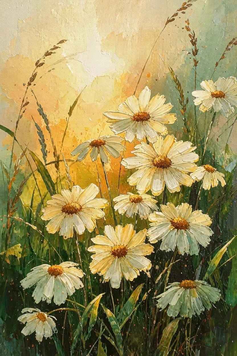 Vertical acrylic-style painting of white daisies clustered among tall green grasses against a glowing orange-yellow sunset background.