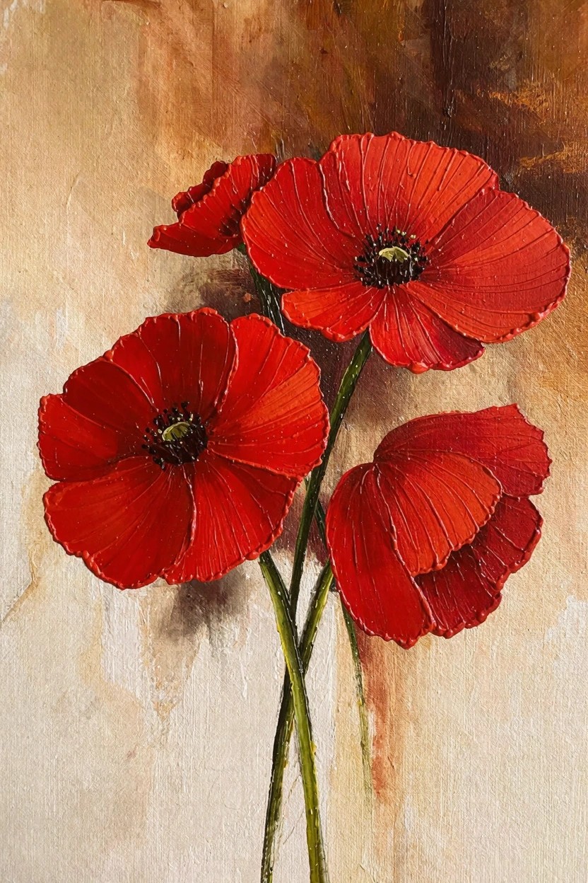 Oil painting of several red poppy flowers clustered on green stems against a textured beige and brown background.