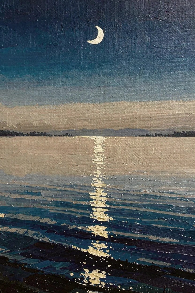 Oil painting of a crescent moon reflecting down the center of dark blue night water toward distant trees under a gradient sky.