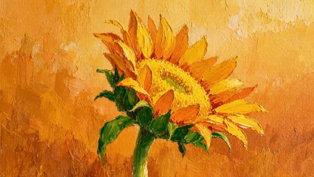 Oil painting of a single sunflower with thick yellow petals, dark textured center, green leaves, and orange-brown background.