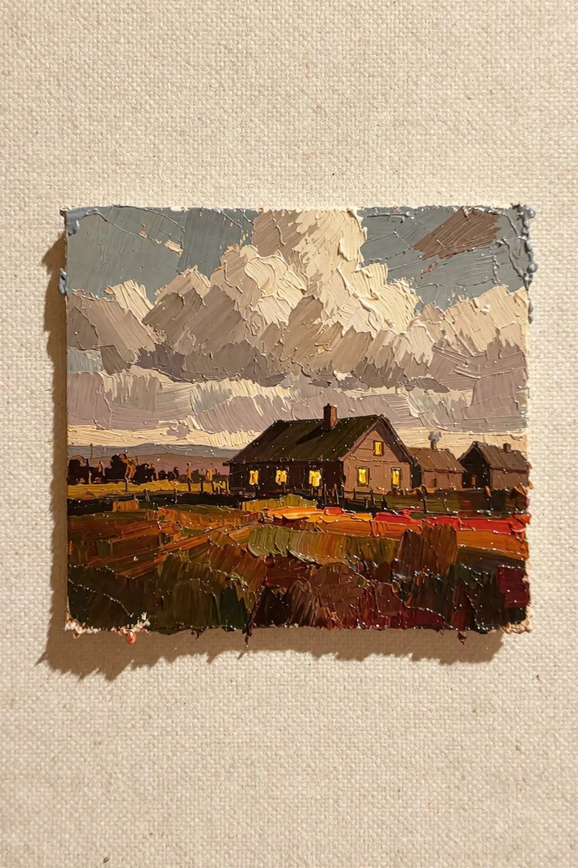 Oil painting of farmhouses with lit windows in reddish fields under textured gray clouds on a small canvas.