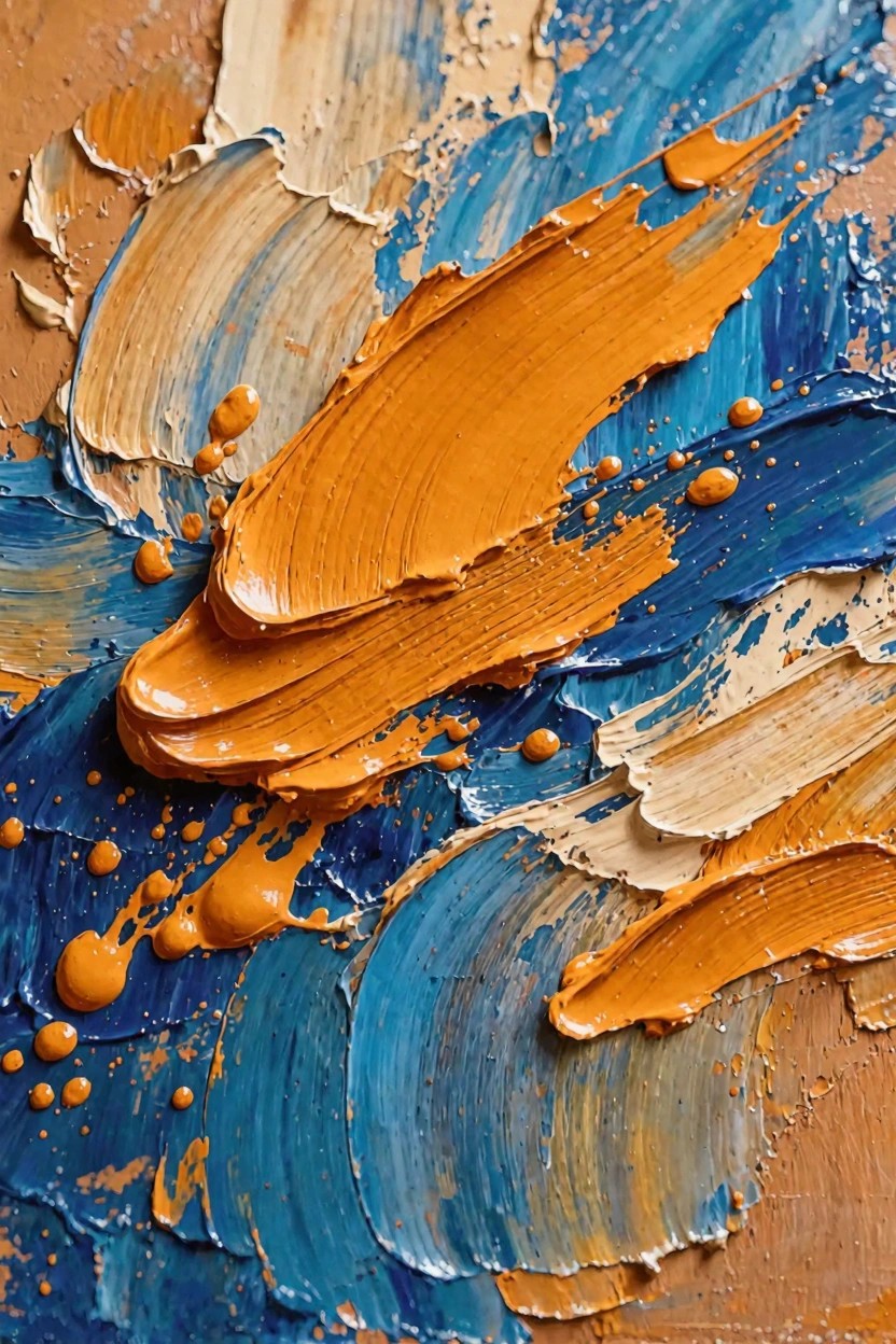 Abstract oil painting close-up with thick textured strokes and drips in orange, blue, white, and beige.