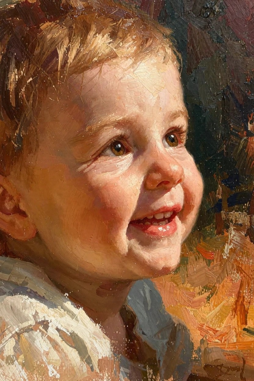 Oil painting close-up of a smiling toddler with curly reddish-blonde hair, fair skin, and white collar against a dark blurred background.