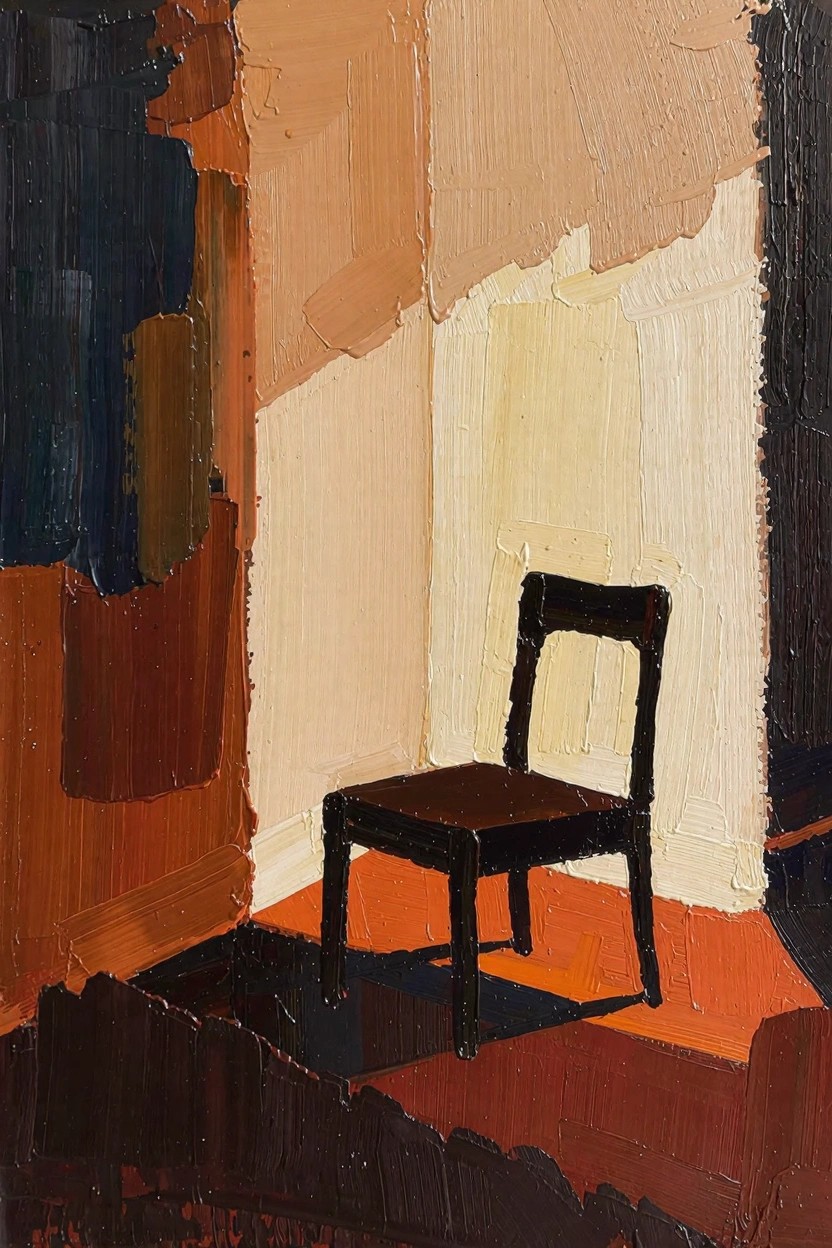 Oil painting of a dark wooden chair centered in a room corner with impasto walls and floor in browns, beiges, yellows, and oranges under angled light.