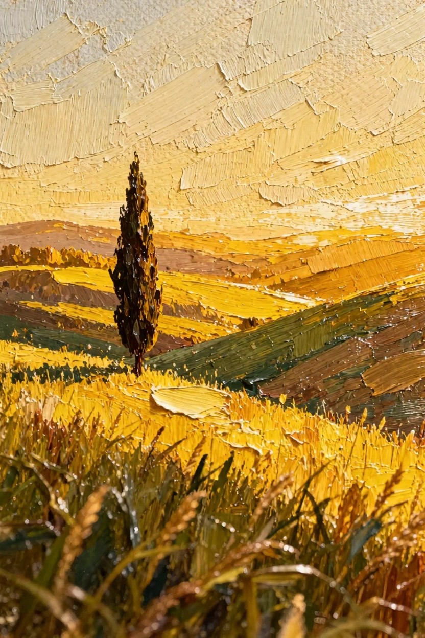 Oil painting of a tall dark cypress tree amid golden wheat fields and rolling hills under a textured yellow sky.