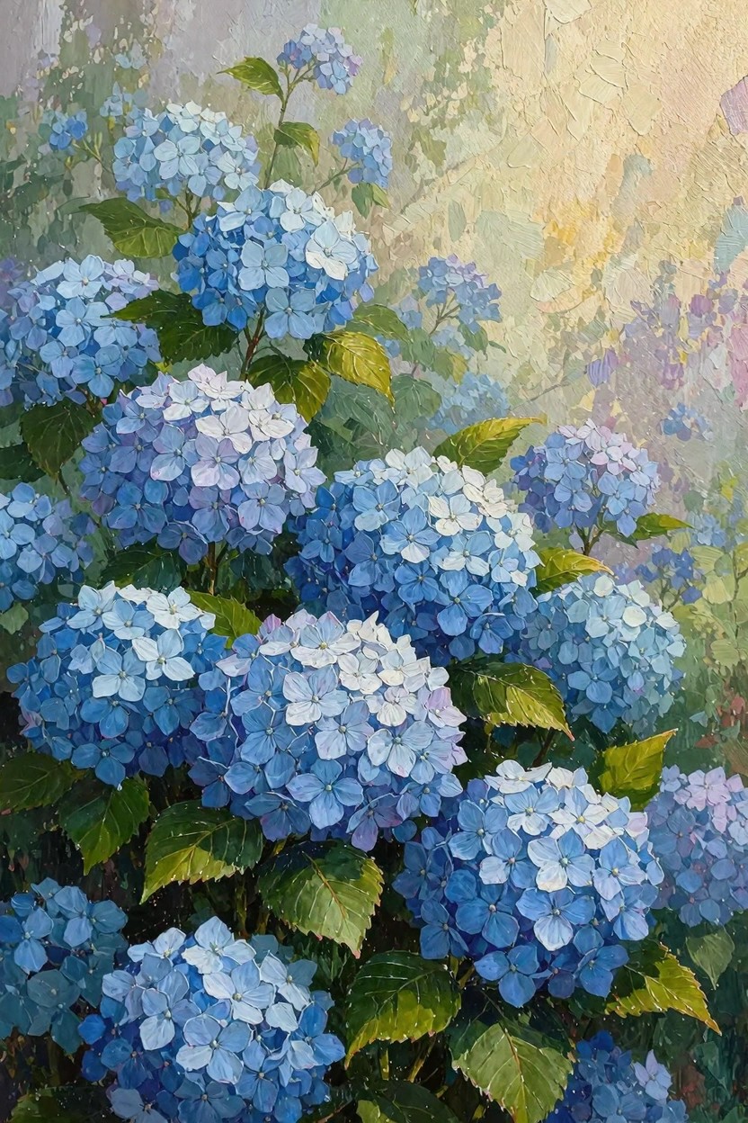 Oil painting of dense blue hydrangea flowers with green leaves against a soft yellow-pink background.