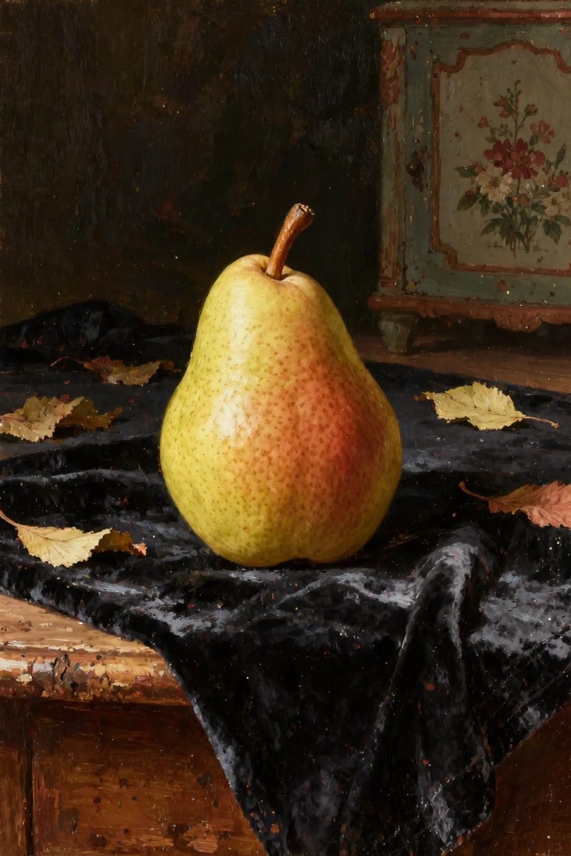 Oil painting of a yellow-green pear on black velvet cloth with yellow autumn leaves scattered around, next to a green floral-decorated cabinet on a wooden table.