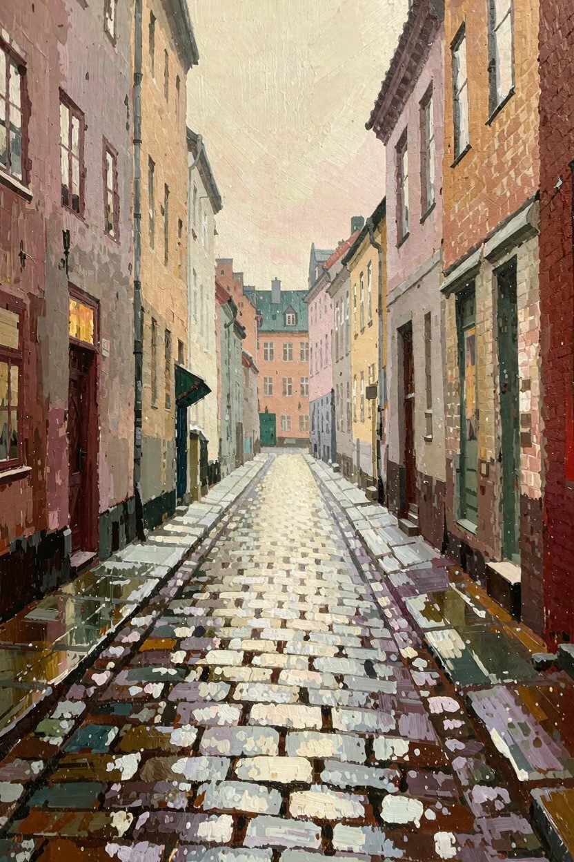 Oil painting of a narrow wet cobblestone street between colorful old European buildings under overcast skies.