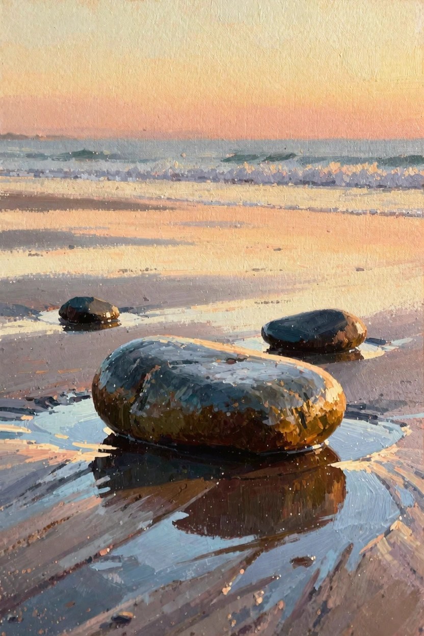 Oil painting of dark rocks on wet sand with reflections and waves at sunset under a pink-orange sky.