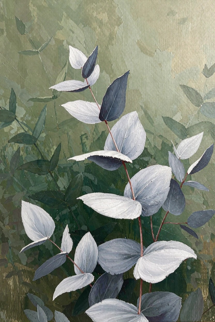 Oil painting featuring clusters of silver-white eucalyptus leaves with dark undersides emerging from textured green foliage.