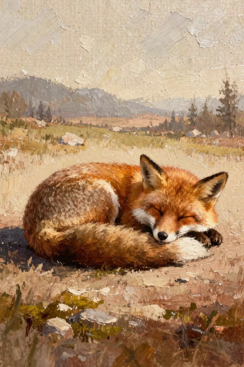 Oil painting of a red fox curled asleep in a grassy rocky field with pine trees, mountains, and cloudy sky behind.
