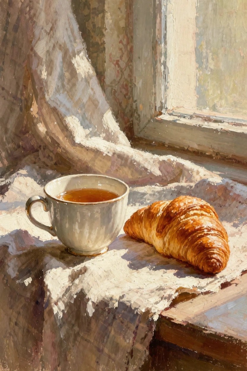 Oil painting of a white teacup with tea and a croissant on draped cloth by a sunlit window with sheer curtains.