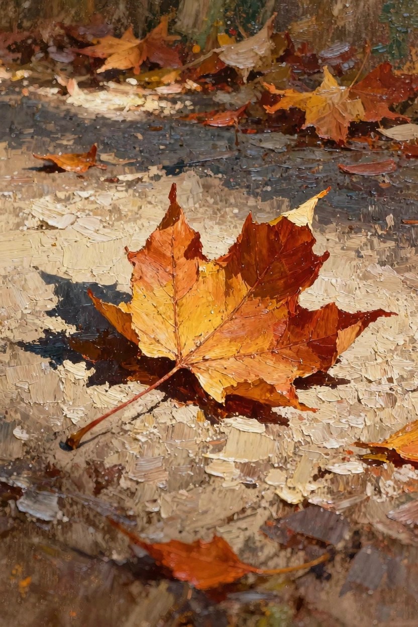 Oil painting of a large orange-yellow maple leaf with shadow on textured ground amid scattered fall leaves.