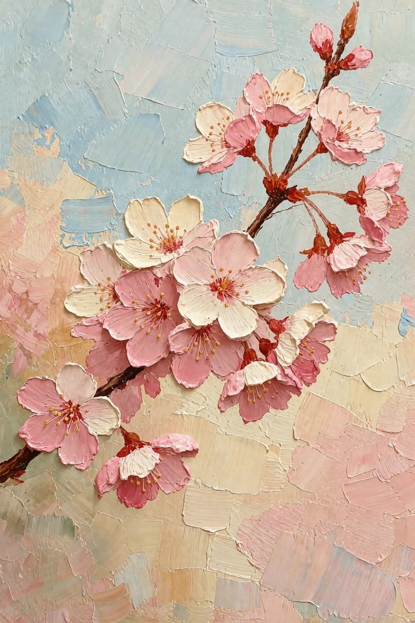 Impasto oil painting of pink and white cherry blossom branches against a soft blue and beige background.