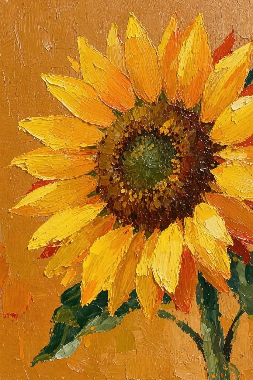Oil painting of a single sunflower with thick yellow petals, dark textured center, green leaves, and orange-brown background.