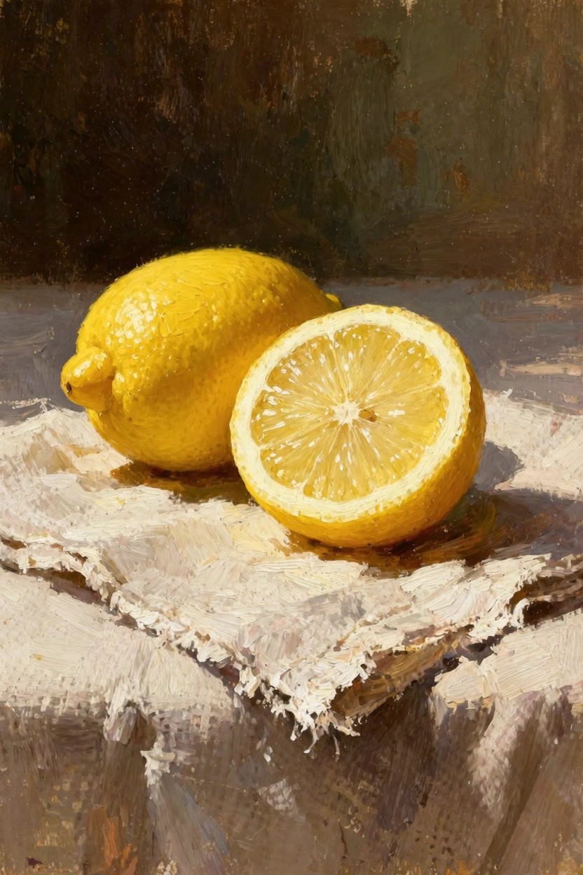 Oil painting of a whole yellow lemon next to a halved lemon on white folded cloth against a dark background.
