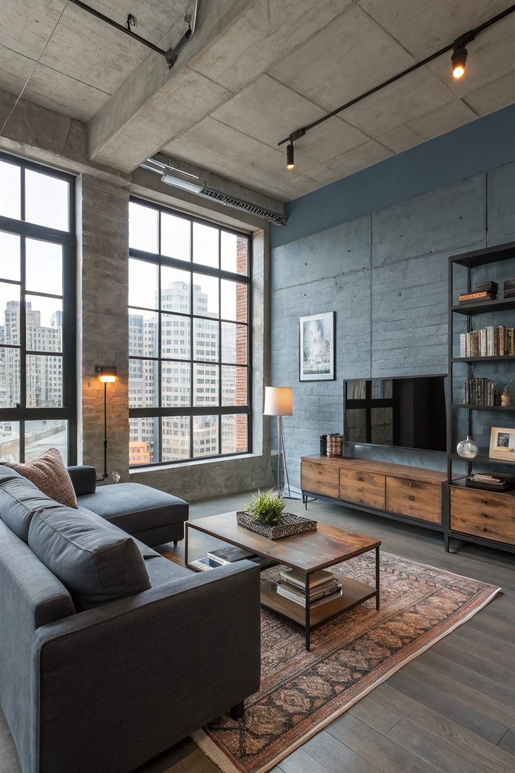 Industrial loft living room featuring cool blue-gray accent wall behind TV and shelving, gray L-shaped sofa, wooden coffee table and media unit, large steel-framed windows with city view, exposed concrete ceiling