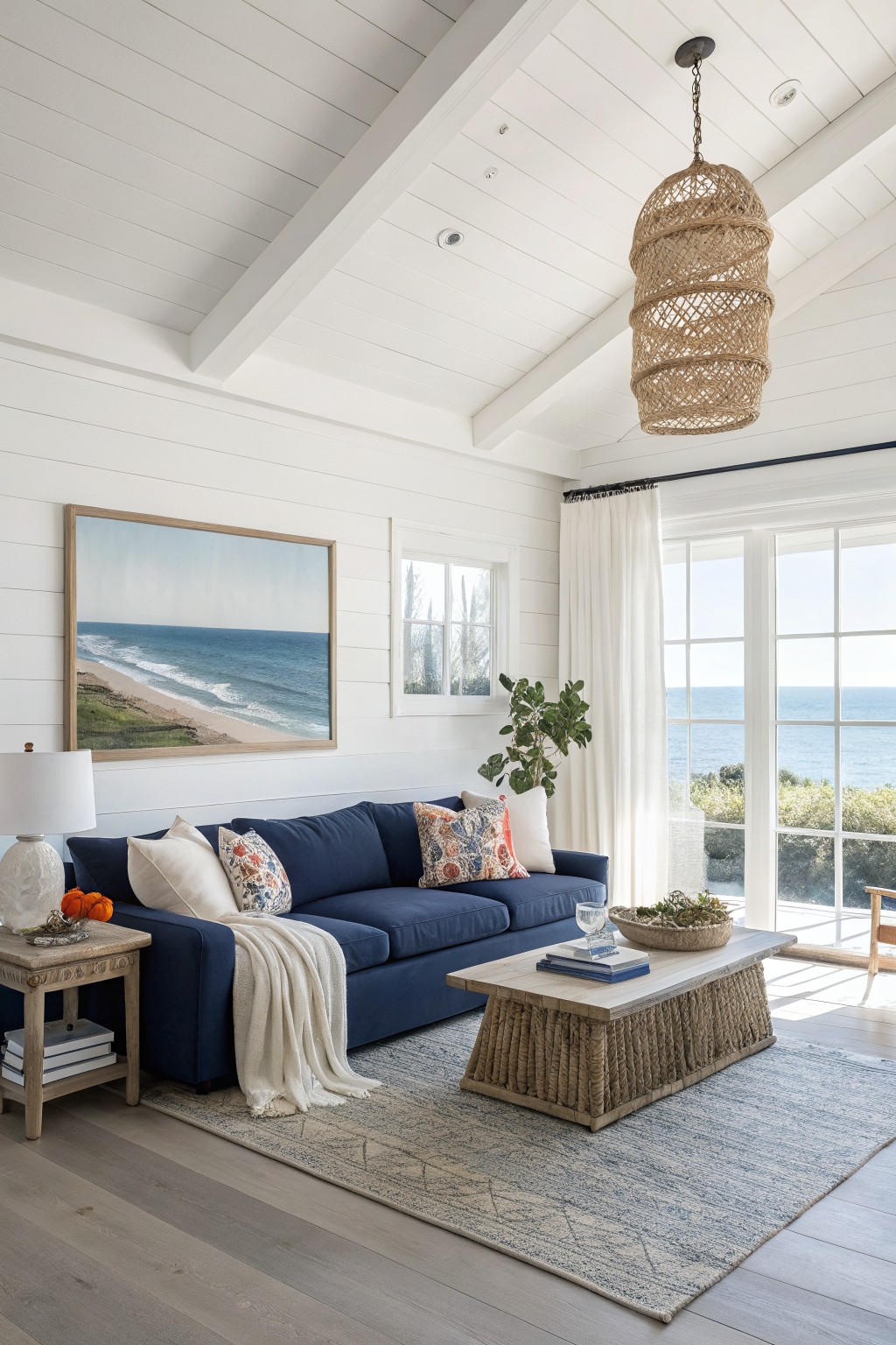 Coastal living room featuring crisp white shiplap walls, navy blue sofa with throw pillows, rattan coffee table and pendant, wood side tables, large ocean-view windows with white drapes, and light oak floors.