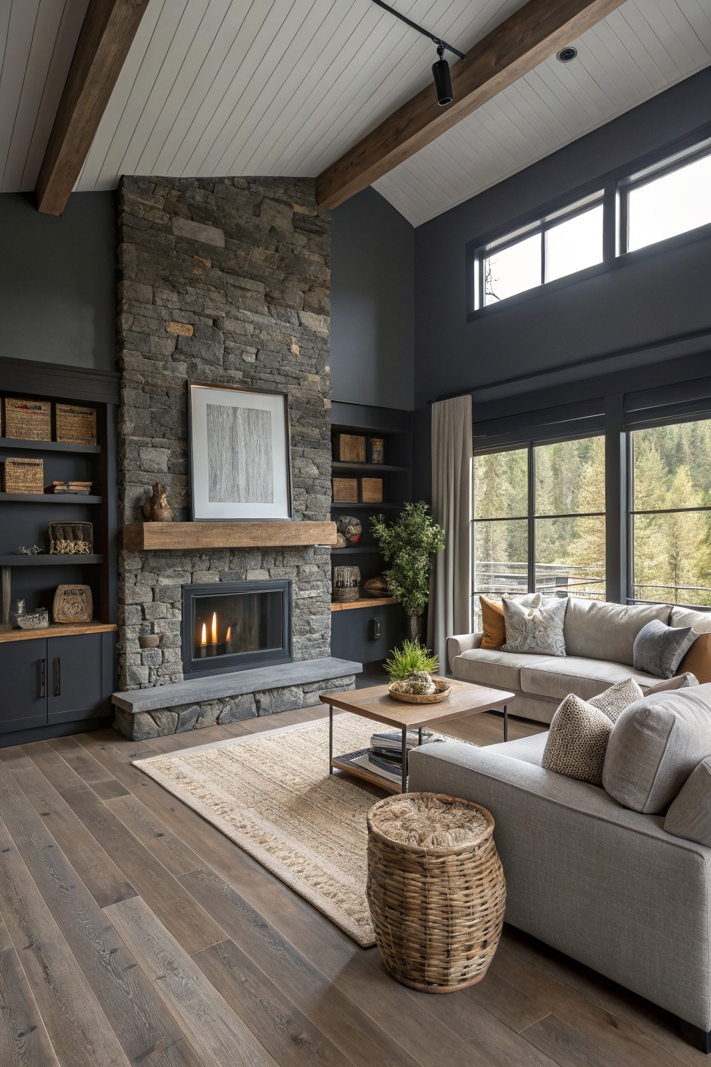 Living room featuring deep charcoal gray walls around a tall stone fireplace, light gray sofa, wood floors, and large windows with wooded view
