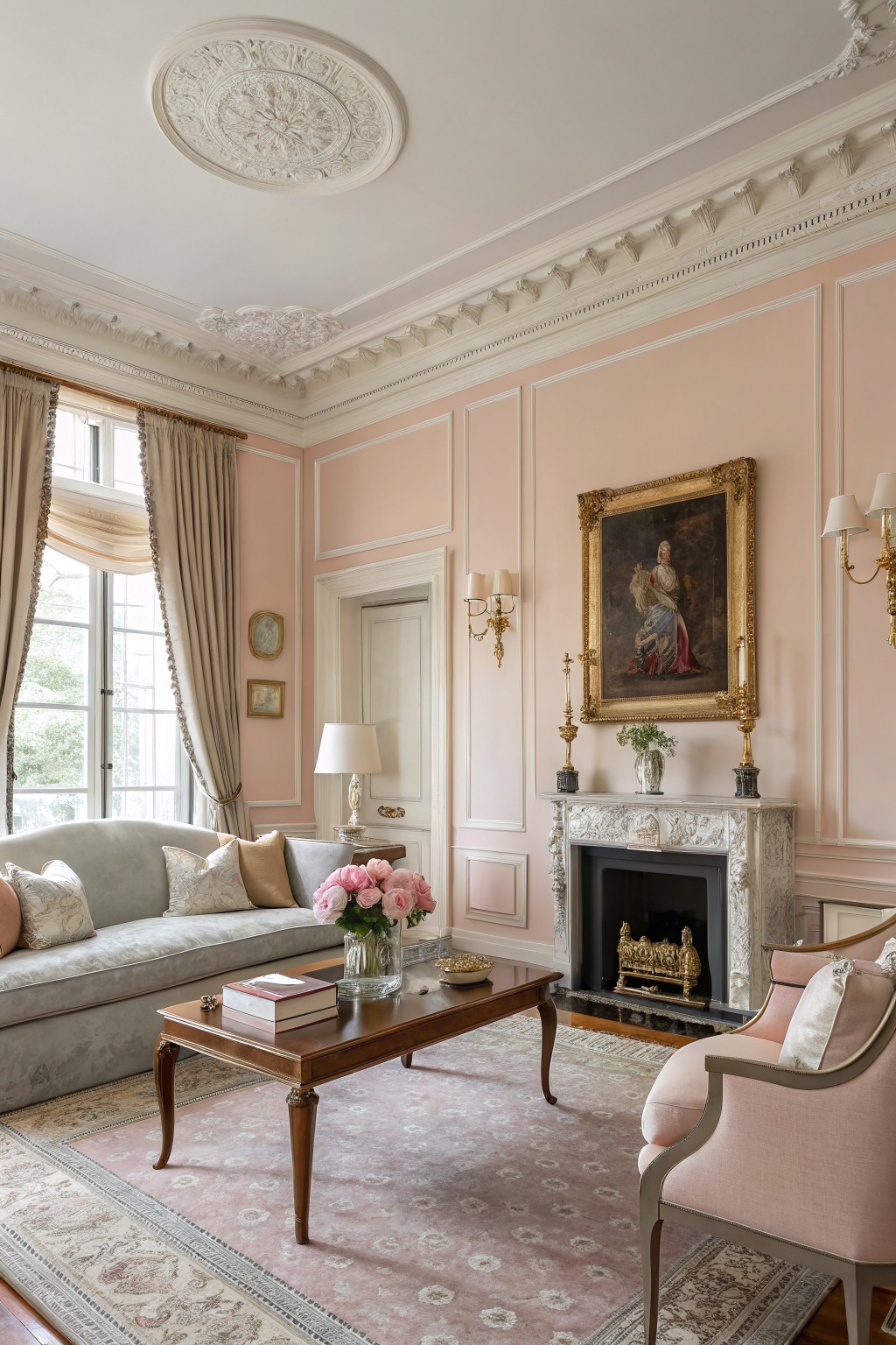 Living room with pale pink paneled walls, ornate white fireplace, sofa, and armchair in soft furnishings