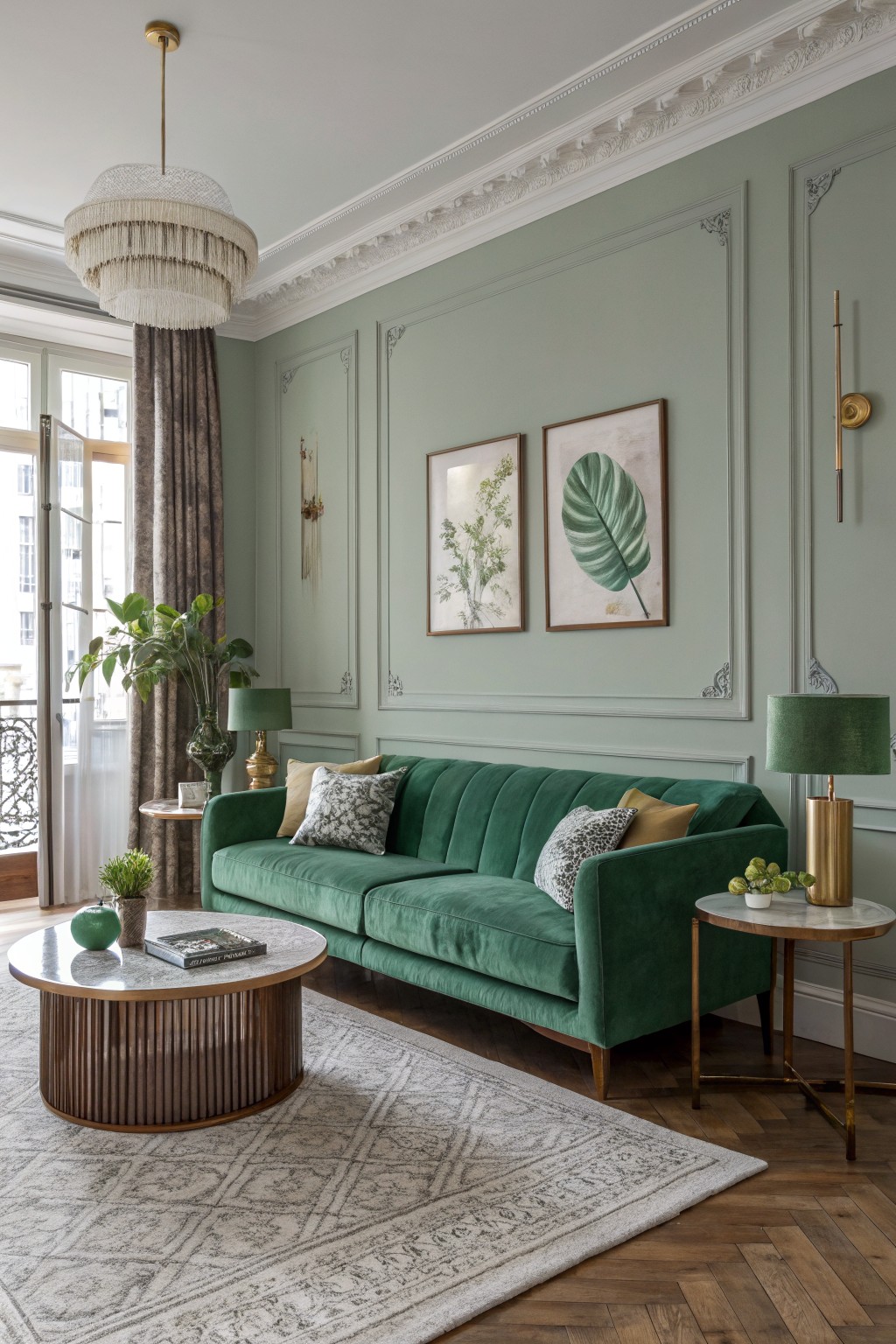 Living room with soft sage green paneled walls, emerald green velvet sofa, gold accents, plants, and French doors open to a balcony