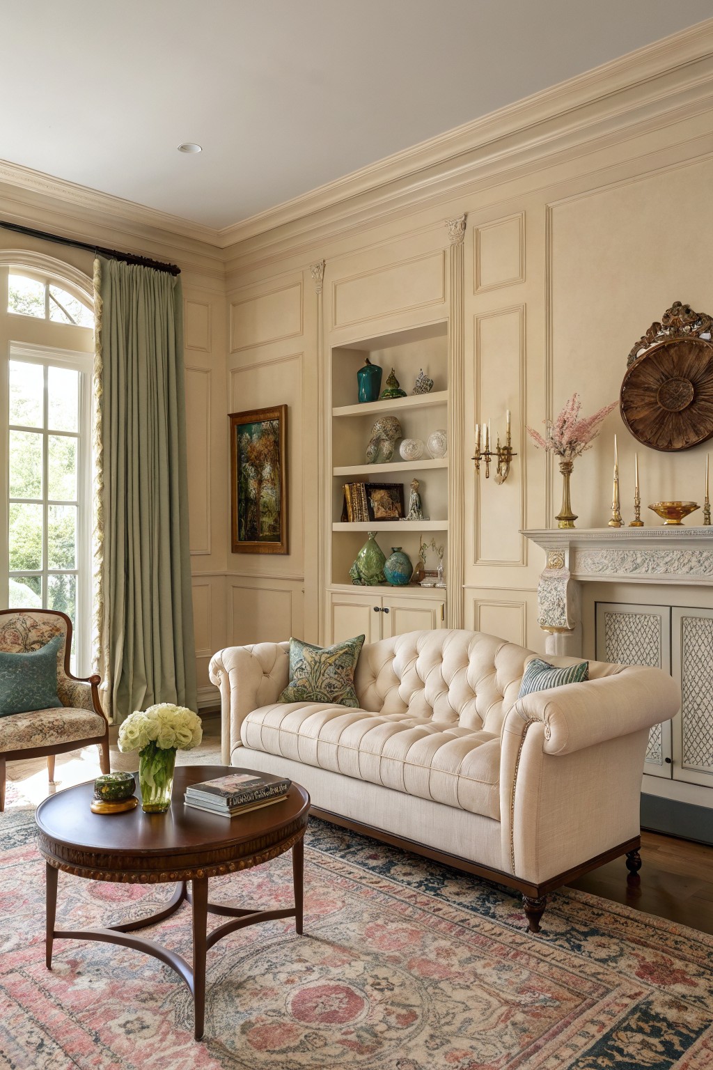 Elegant living room featuring warm beige paneled walls, a cream tufted sofa, wood coffee table, and traditional furnishings against a colorful rug