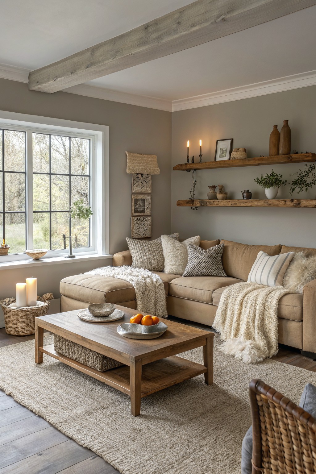 Cozy living room with warm greige walls, beige sectional sofa, wooden beams and shelves, candles, plants, and a seagrass rug